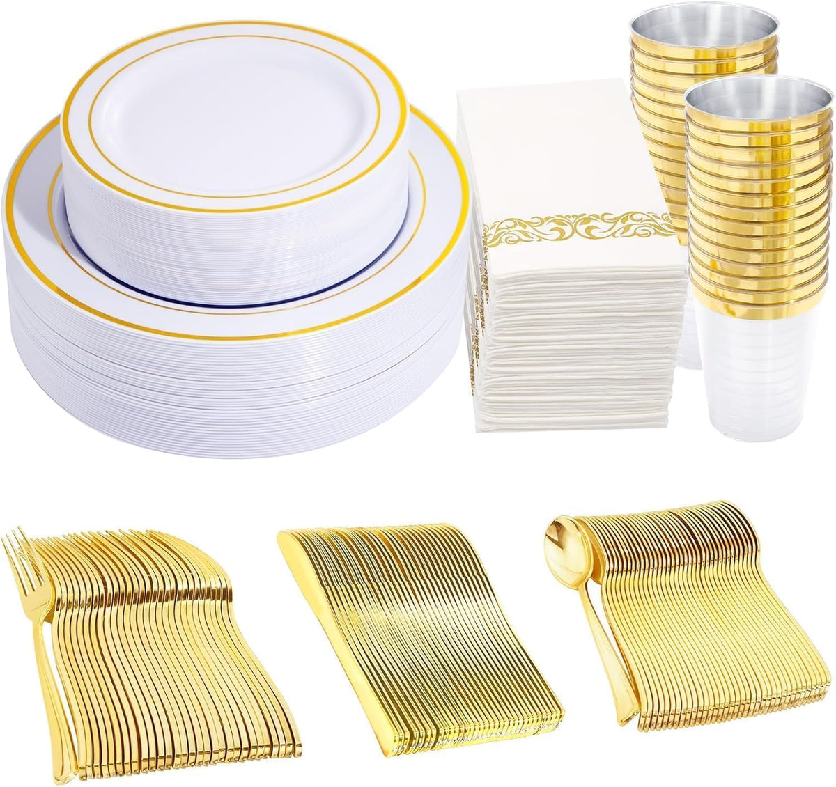 WDF Partyware 350Piece Gold Dinnerware Set for 50 Guests - Gold Plastic Plates with Disposable Cutlery - 50Dinner Plates-50Dessert Plates-50Pre Rolled Napkins with Silverware for Wedding/Birthday
