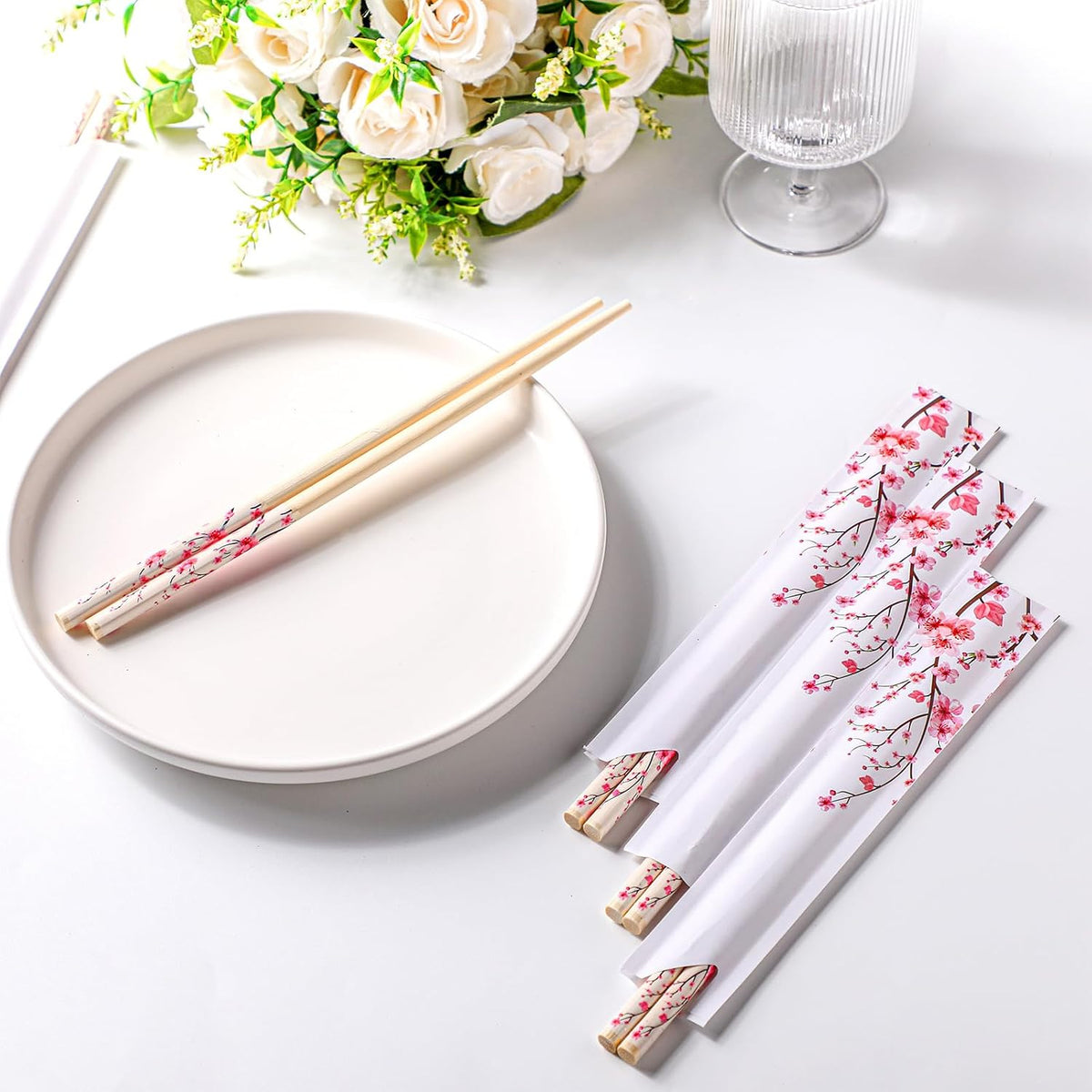 50 Pairs Cherry Disposable Bamboo Chopsticks Bulk Sleeved
