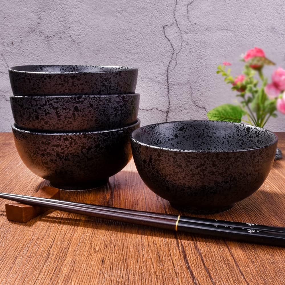 Japanese Ceramic Rice Bowl Set of 4,4.5 Inch Speckled Black Small Bowls