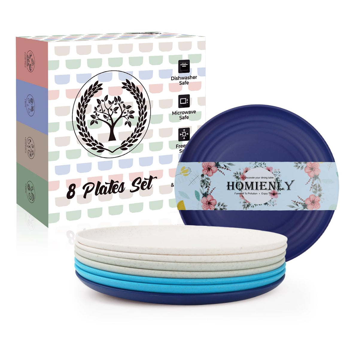 Homienly Deep Dinner Plates Set of 8 Alternative for Plastic Plates Microwave and Dishwasher Safe Wheat Straw Plates for Kitchen Unbreakable Kids Plate Set with 4 Colors (Classic Bright, 9 inch)