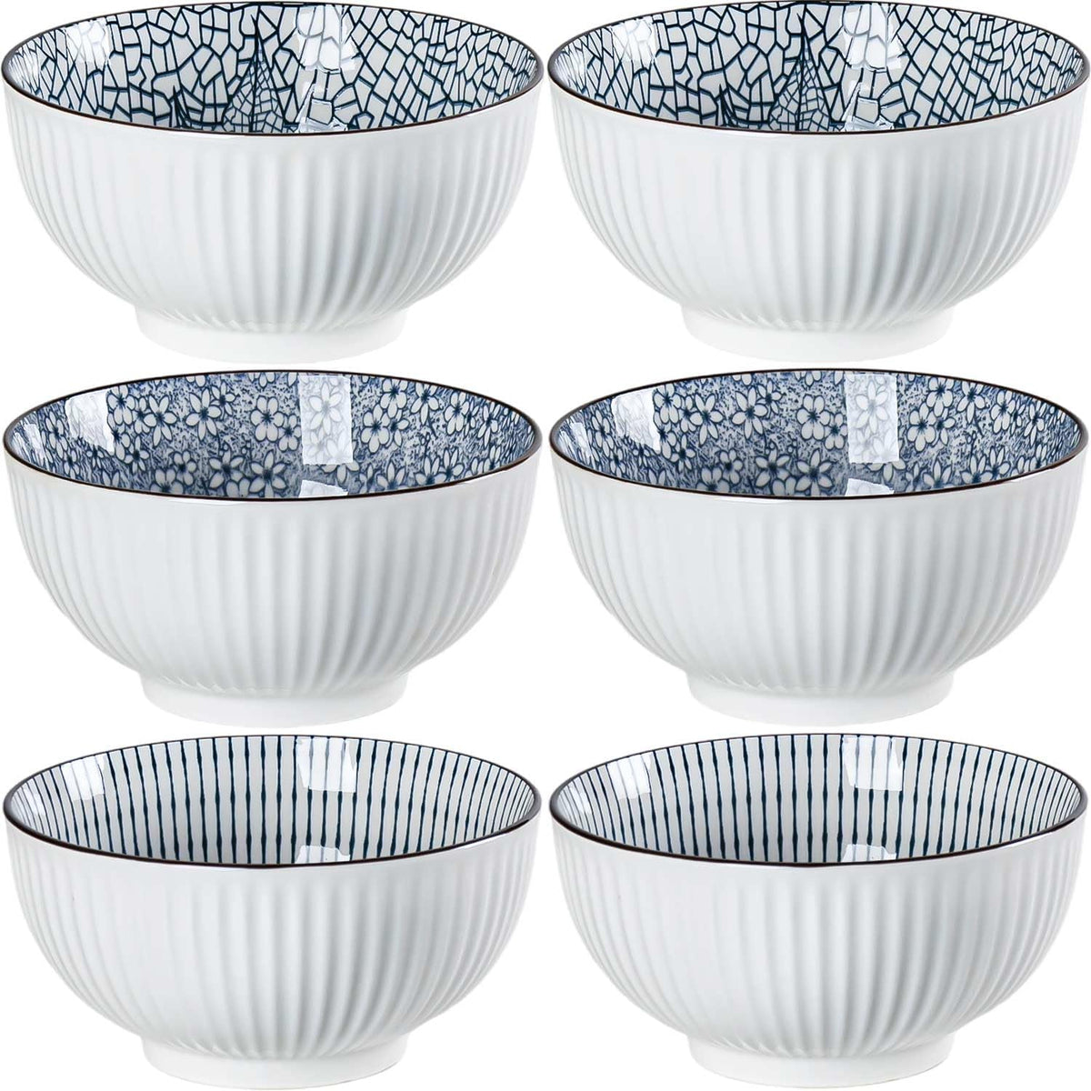 Houlu ceramic rice bowl 30 oz, Japanese bowl set, various tableware for grains, soups, desserts, snacks, fruits, Pack of 6