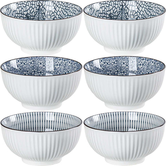Houlu ceramic rice bowl 30 oz, Japanese bowl set, various tableware for grains, soups, desserts, snacks, fruits, Pack of 6