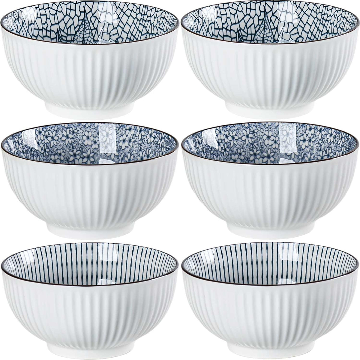 Houlu ceramic rice bowl 30 oz, Japanese bowl set, various tableware for grains, soups, desserts, snacks, fruits, Pack of 6
