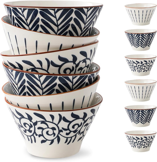 Rice Bowls,14oz Ceramic Bowl Set for 6,Miso Soup Bowls,Cute Bowls,Serving Bowls for Soup,Dessert,Snack,Fruit (Blue&White