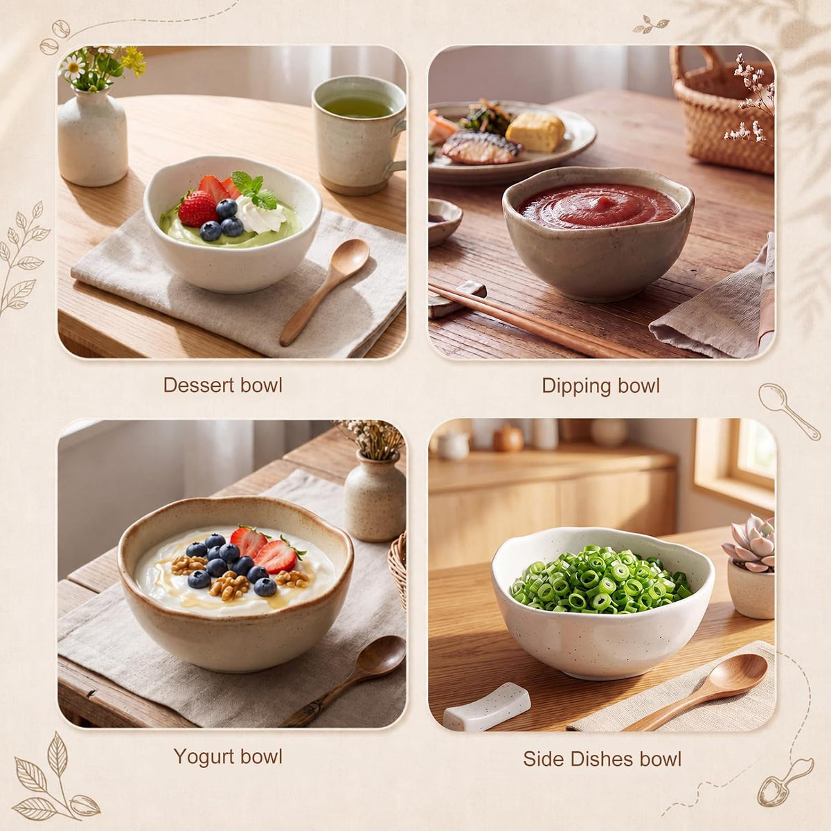 Mifoci 8 oz Set of 4 Ceramic Small Bowls, Cereal Bowls for Dessert, Yogurt, Dipping, Side Dishes, Farmhouse Vintage Dinnerware for Kitchen Weddings
