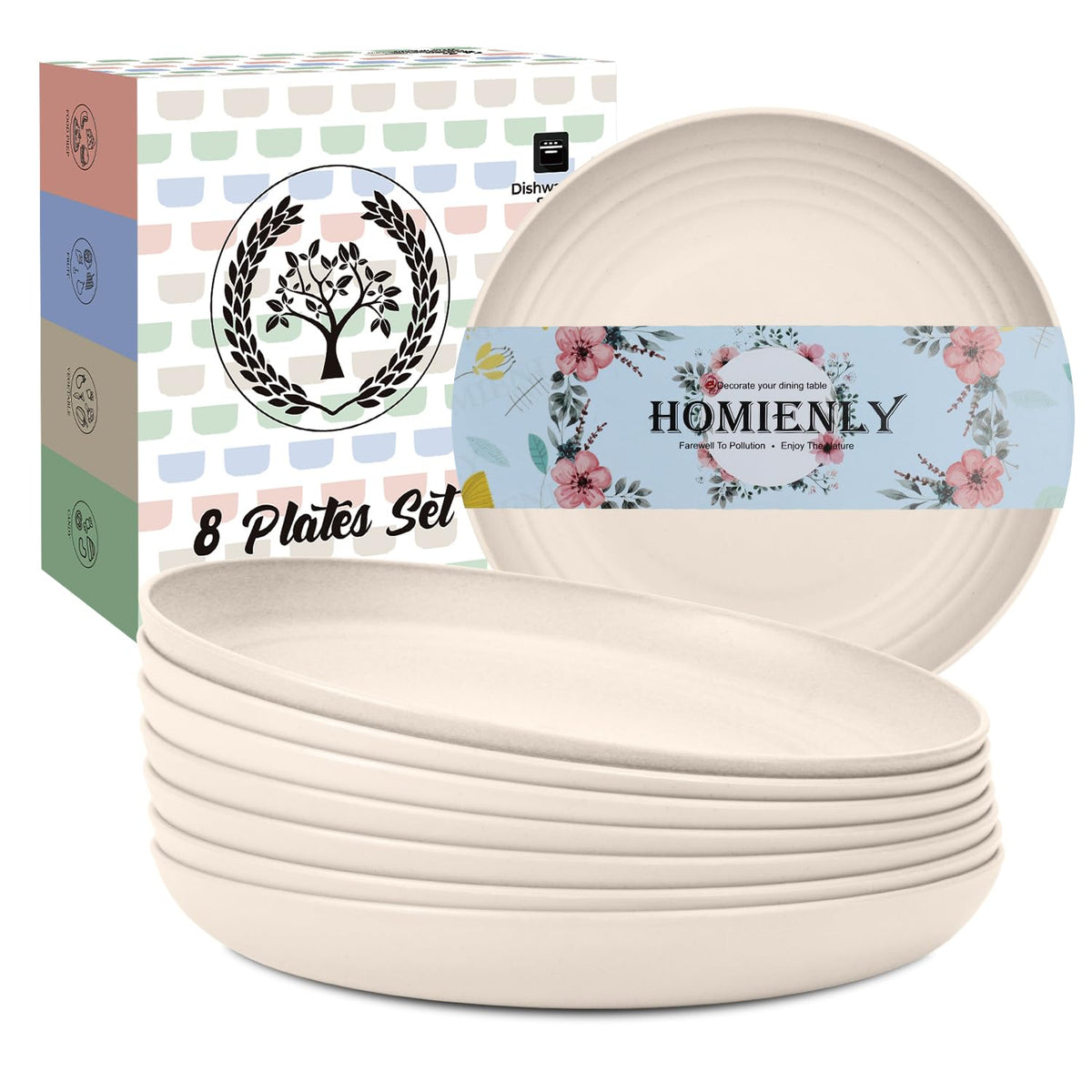 Homienly Deep Dinner Plates Set of 8 Alternative for Plastic Plates Microwave and Dishwasher Safe Wheat Straw Plates for Kitchen Unbreakable Kids Plate Set with 4 Colors (Classic Bright, 9 inch)