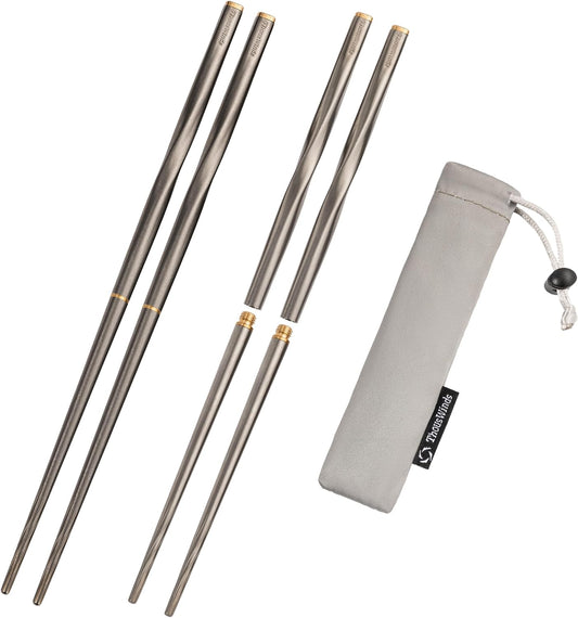 Thous Winds Titanium Chopsticks , Foldable Lightweight Reusable Camping Cutlery, Utensils for Camping Backpacking Hiking Home, with Storage Bag, 2 Pairs