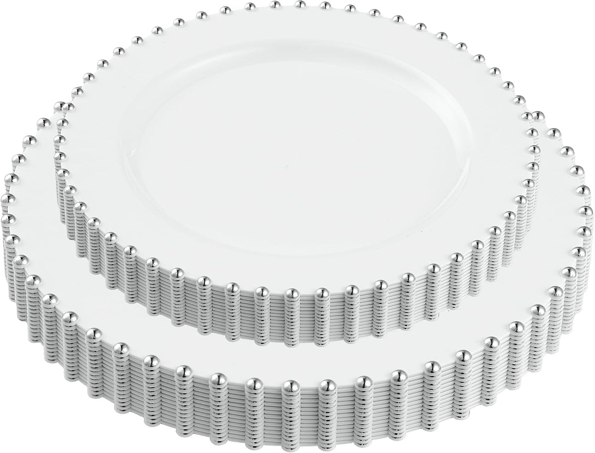 PLASTICPRO 32 Piece Combo Plastic Dinner Plates Disposable Plastic Fancy Heavy Duty Party Dishes 7 inch and 10 inch, White Beaded