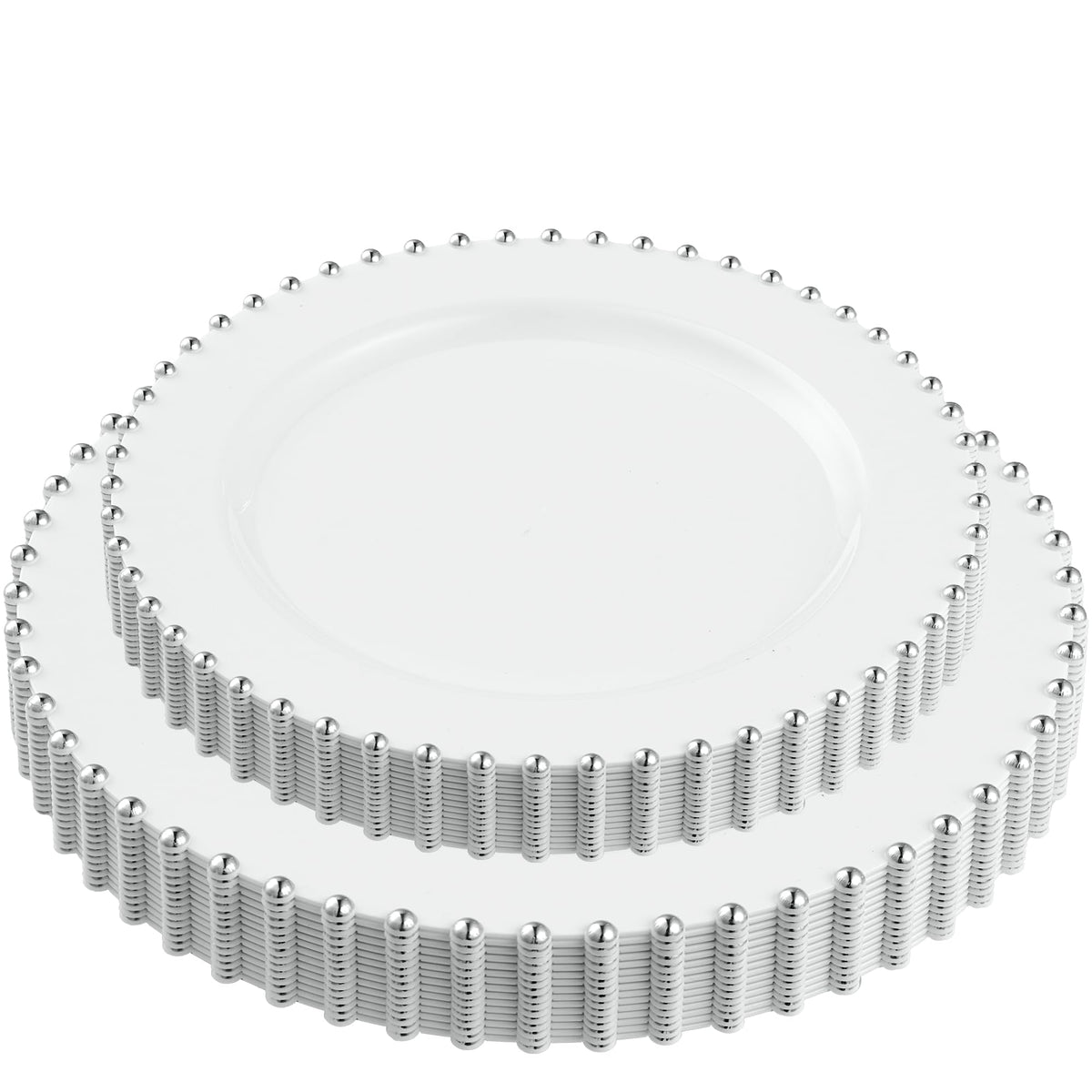 PLASTICPRO 32 Piece Combo Plastic Dinner Plates Disposable Plastic Fancy Heavy Duty Party Dishes 7 inch and 10 inch, White Beaded