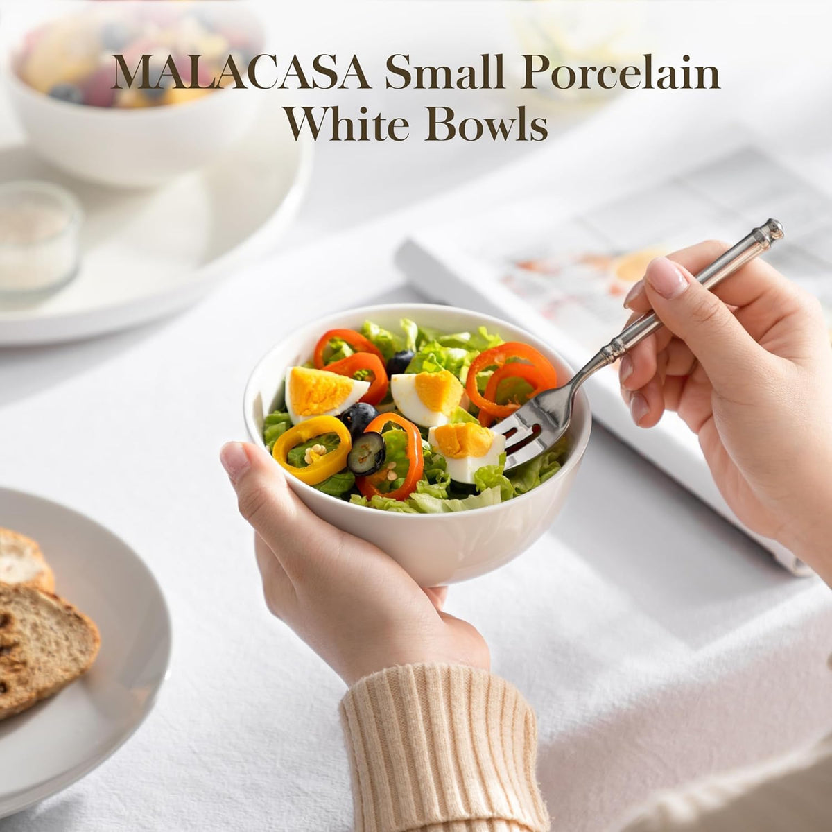MALACASA 14 Oz Small Ceramic Bowls Set of 8, White Porcelain Bowl for Rice