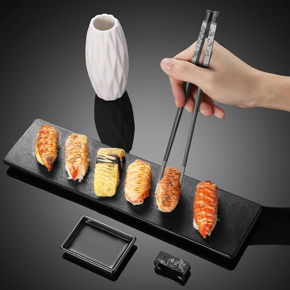 Dragon & Phoenix Stainless Steel Chopsticks Set - 4 Pairs 18/8 (304) Metal Chopsticks with Holder - Chinese Traditional Gift Set, Non-Slip, Dishwasher Safe, Elegant Black Gift Box