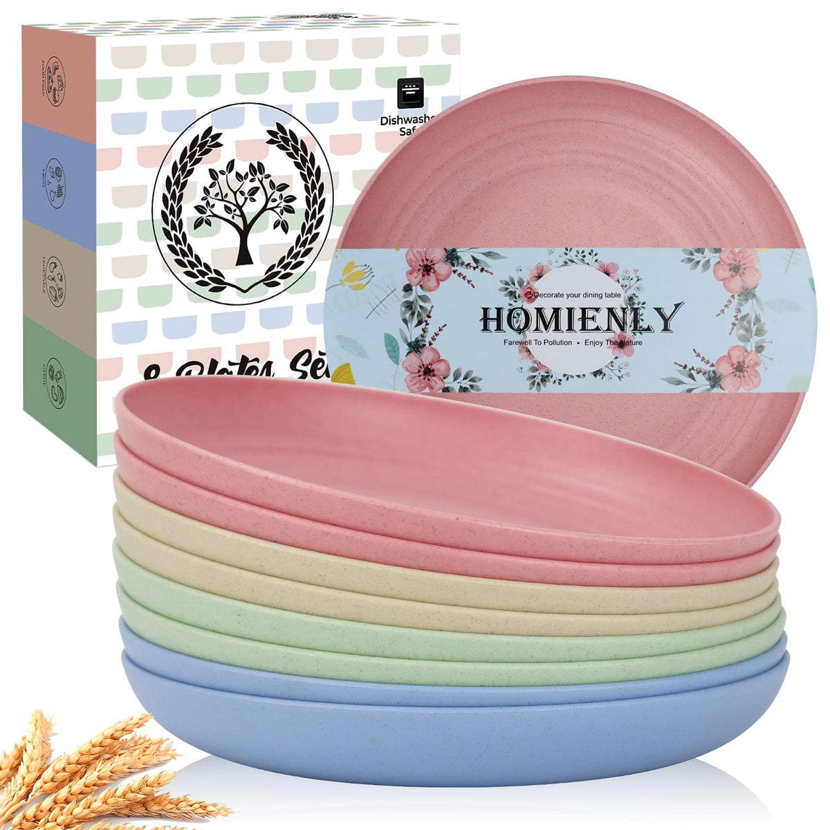 Homienly Deep Dinner Plates Set of 8 Alternative for Plastic Plates Microwave and Dishwasher Safe Wheat Straw Plates for Kitchen Unbreakable Kids Plate Set with 4 Colors (Classic Bright, 9 inch)