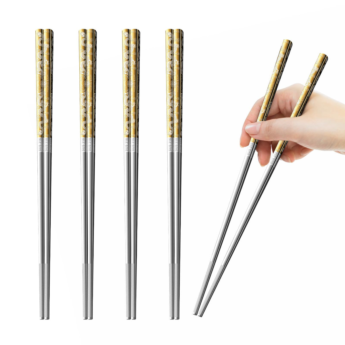 10 Pairs Rose Gold Chopsticks Set Stainless Steel 304 Reusable Non-slip Line Design Metal Chop Sticks for Cooking and Eating Kitchen Utensils Dishwasher Safe Tableware Gift Set