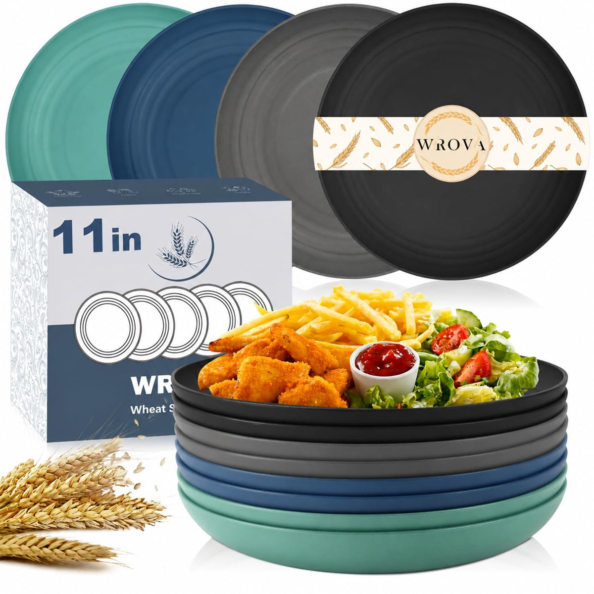 Wrova Large Wheat Straw Dinner Plates - 11 Inch Unbreakable Set of 8 - Dishwasher & Microwave Safe, Deep Edge for Kitchen and Camping (Black)