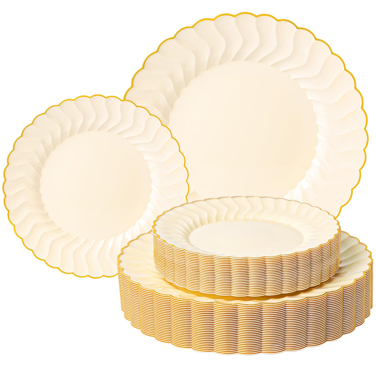 Lullaby 60PCS Ivory Scalloped Plastic Plate with Gold Rim for Party Wedding