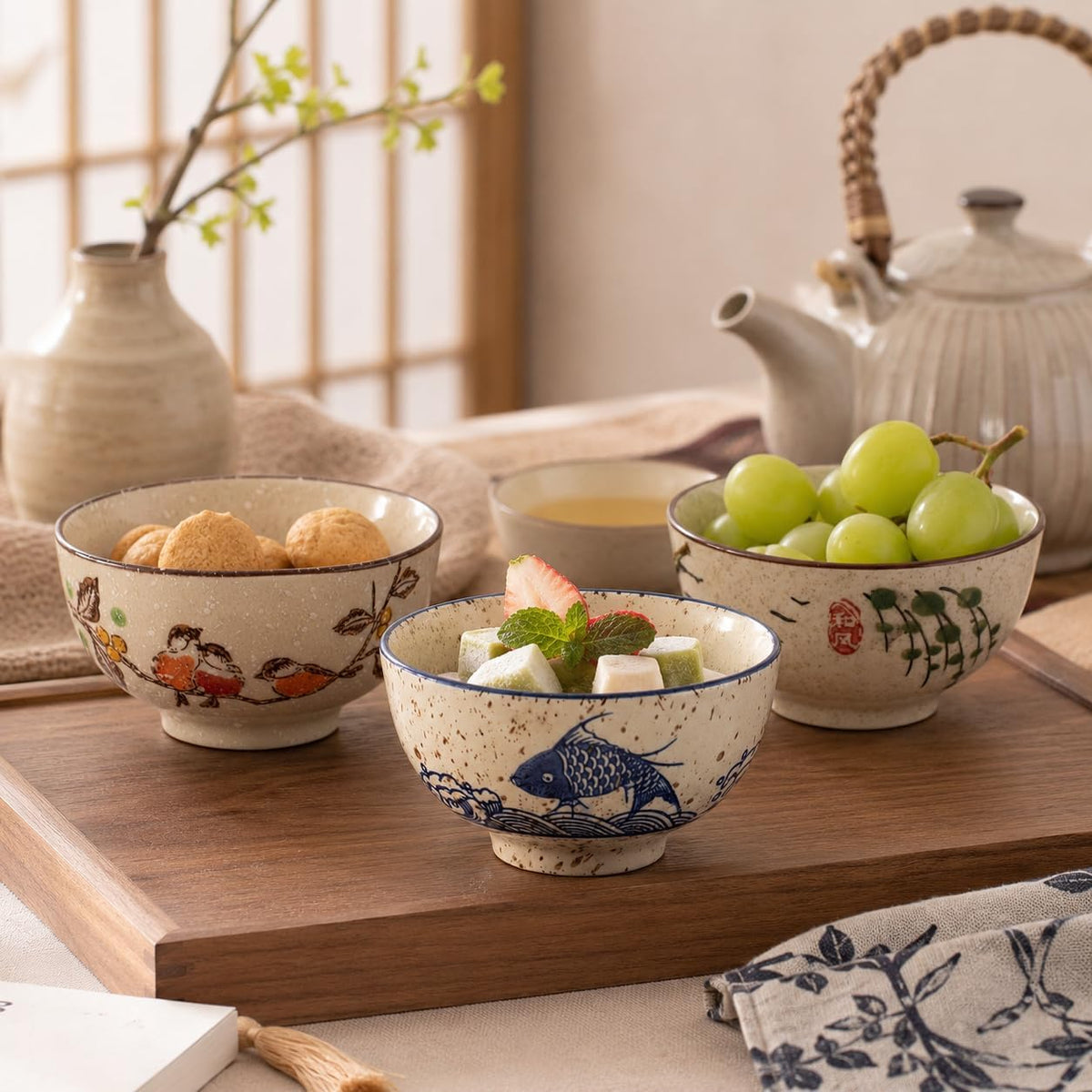 clothmile 4.5 Inch Japanese Retro Rice Bowls Set of 6 Japanese Style Hand-Painted Floral Plum Ceramic Bowls for Cereal, Soup, Dessert, Snack, Fruit, Salsa for Xmas Holiday Present