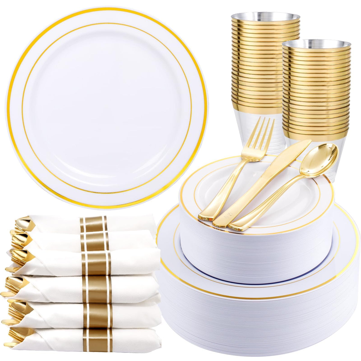 WDF Partyware 350Piece Gold Dinnerware Set for 50 Guests - Gold Plastic Plates with Disposable Cutlery - 50Dinner Plates-50Dessert Plates-50Pre Rolled Napkins with Silverware for Wedding/Birthday