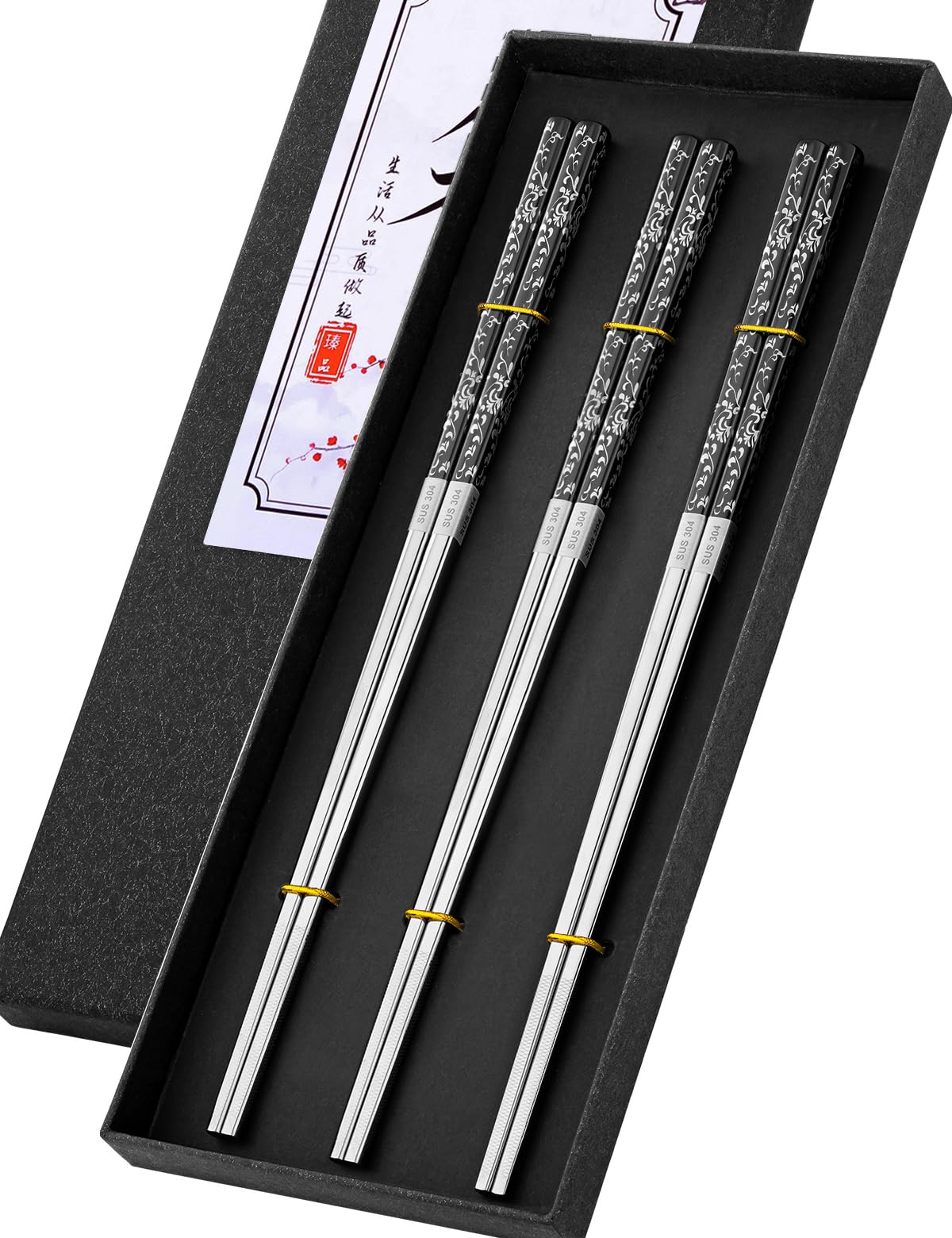 Metal Chopsticks Reusable 18/8 Stainless Steel Sleek Engraving Patterns Chop Sticks Reusable Dishwasher Safe Non-Slip Chopsticks+Flower Silver 5 Pairs
