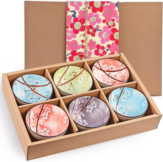 Ceramic Rice Bowls 10 oz, Sakura Bowl Gift Set, Assorted Color Dinnerware Serving Bowls for Rice, Cereal, Noodle, Soup, Desserts, Pack of 6 (Cherry Blossom)