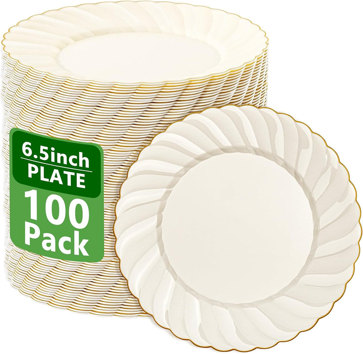 YOUBET 100Pack Ivory Scalloped Plastic Plates for Parties