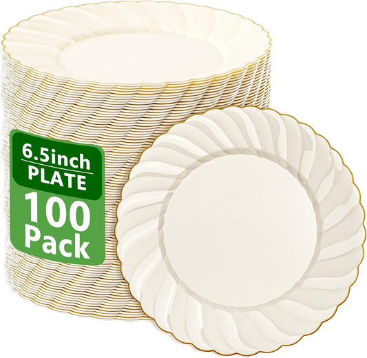 YOUBET 100Pack Ivory Scalloped Plastic Plates for Parties