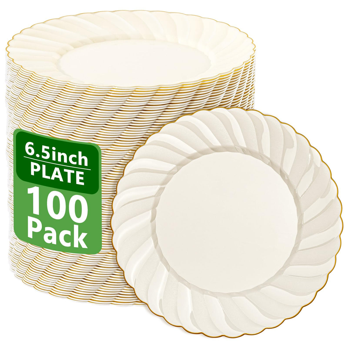 YOUBET 100Pack Ivory Scalloped Plastic Plates for Parties