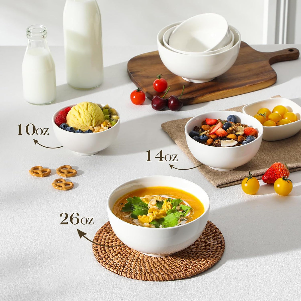 MALACASA 14 Oz Small Ceramic Bowls Set of 8, White Porcelain Bowl for Rice