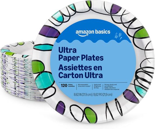 Amazon Basics Ultra Paper Plates, 8.62 Inch, Disposable, 120 Count, Packaging May Vary