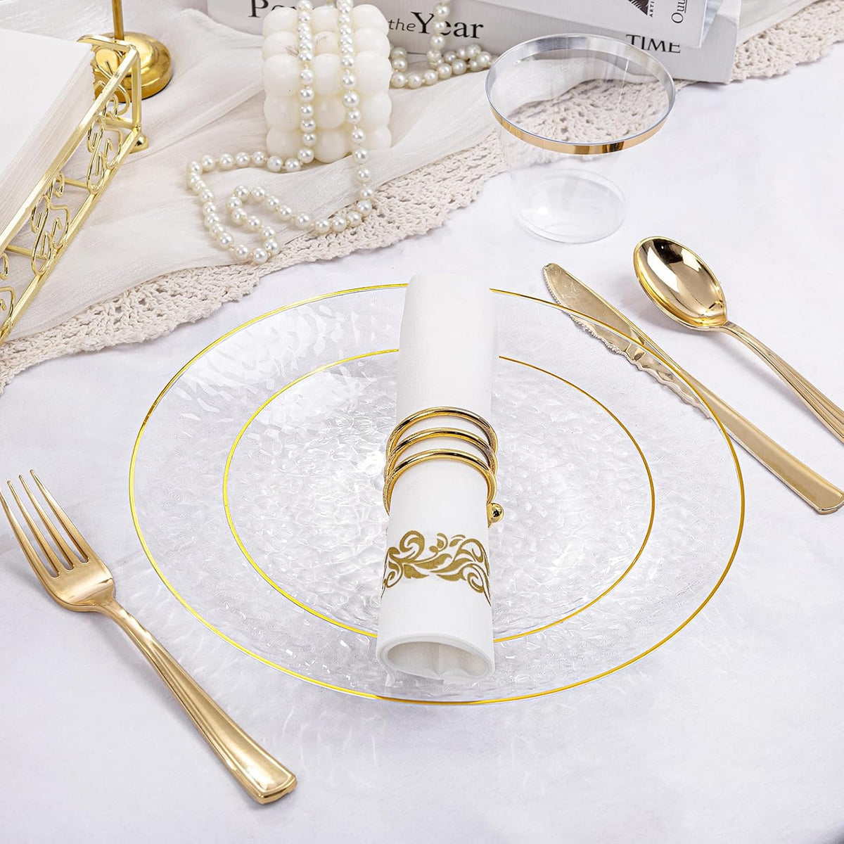 Rubtlamp 100Pcs Clear Gold Plastic Plates, Disposable Plates With Gold Rim, Heavy-duty Party Platos, Hammered Plastic Plates Include 50 Clear Dessert Plates, 50 Dinner Plates for Party