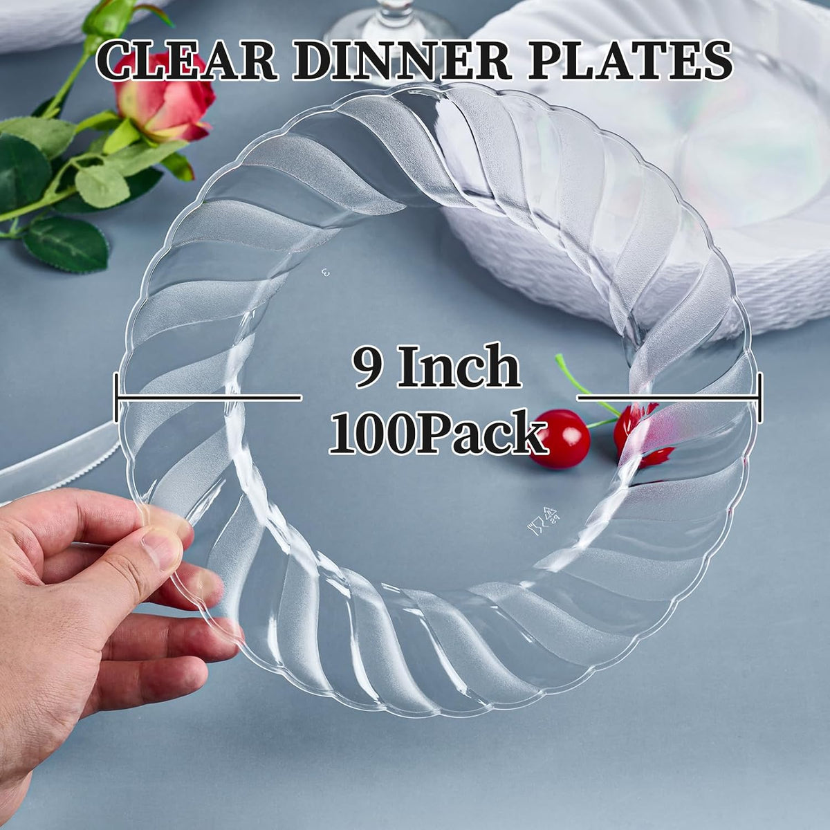 FOCUSLINE 100 Count Clear Plastic Plates, 9 Inch Disposable Dinner Plates
