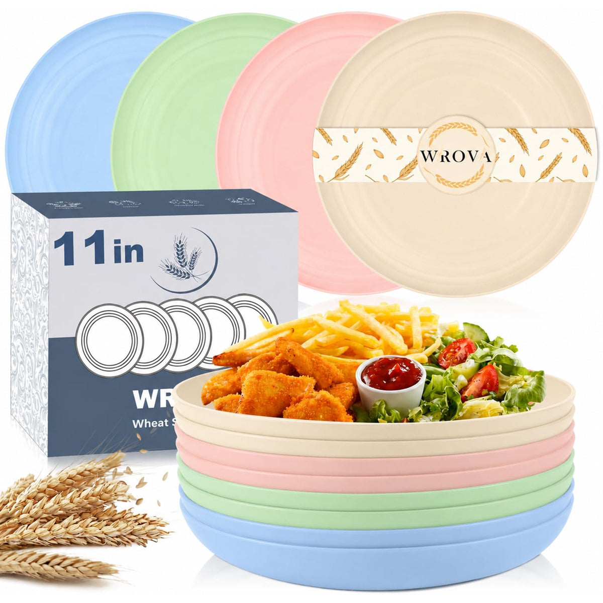Wrova Large Wheat Straw Dinner Plates - 11 Inch Unbreakable Set of 8 - Dishwasher & Microwave Safe, Deep Edge for Kitchen and Camping (Black)