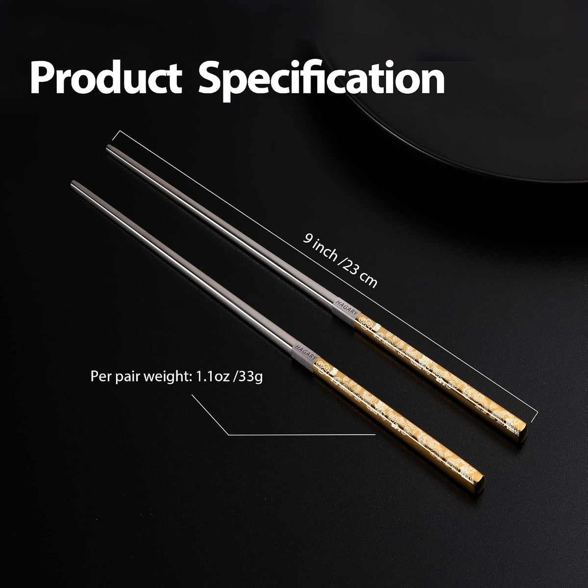 Hagary Dragon Chopsticks Metal Reusable Designed In Korea Japanese Style Stainless Steel 316 18/10 Non-Slip Dishwasher Safe Laser Etched (Gold - 5 Pairs)