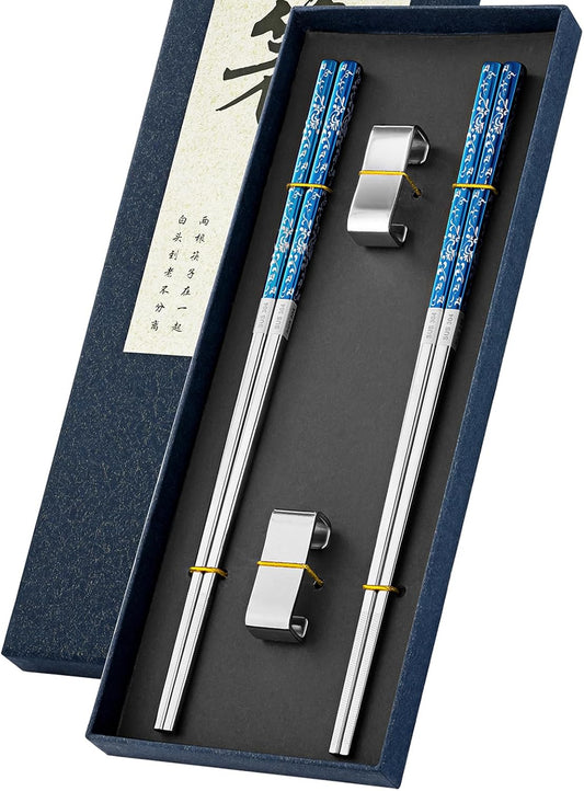 FOFAYU Metal Chopsticks Reusable 2 Pairs Titanium Plated Stainless Steel Chopsticks with Holder, Dishwasher Safe Non-Slip Japanese Style Chop Sticks Present Set (Blue Silver)