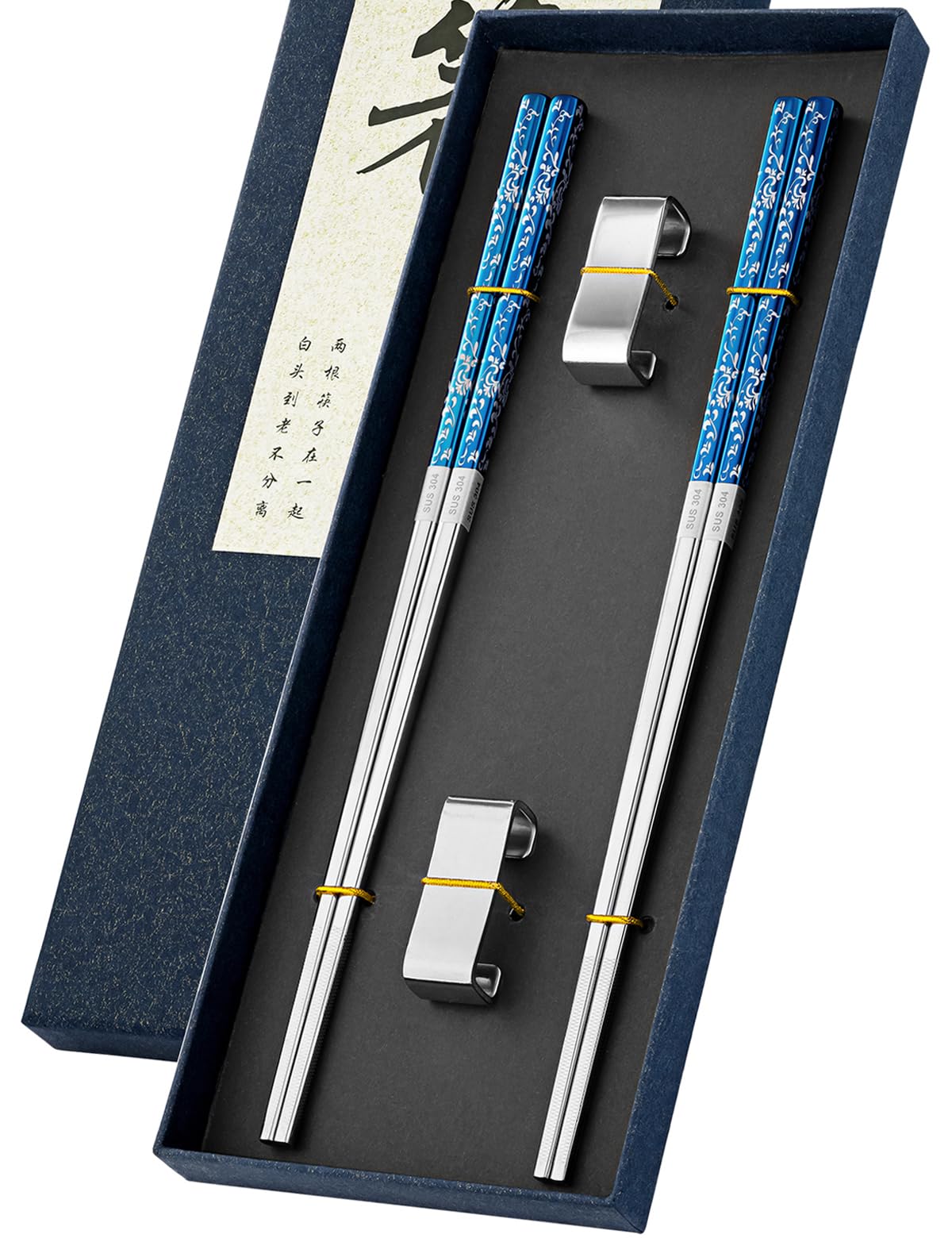 FOFAYU Metal Chopsticks Reusable 2 Pairs Titanium Plated Stainless Steel Chopsticks with Holder, Dishwasher Safe Non-Slip Japanese Style Chop Sticks Present Set (Blue Silver)