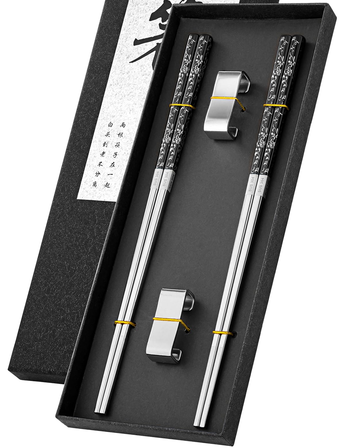 FOFAYU Metal Chopsticks Reusable 2 Pairs Titanium Plated Stainless Steel Chopsticks with Holder, Dishwasher Safe Non-Slip Japanese Style Chop Sticks Present Set (Blue Silver)