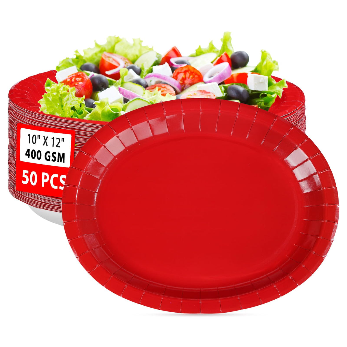 50Pcs Gingham Oval Paper Plates 10" x 12" Large Disposable Heavy Duty Red and White Buffalo Checked Plaid Dessert Platter Sturdy Plates for Fall Pizza Picnic BBQ Baby Shower Birthday Party Supplies