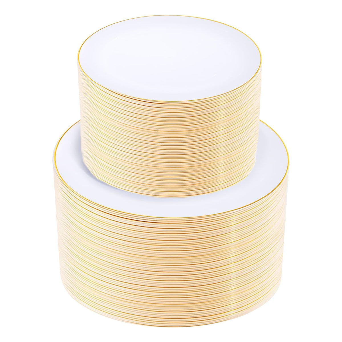 KIRE 100PCS White Plates with Gold Trim - Plastic Disposable Plates - Includes 50Pieces 10.25inch Dinner and 50Pieces 7.5inch Dessert/Salad Plastic Plate for Wedding Receptions/Party/Thanksgiving