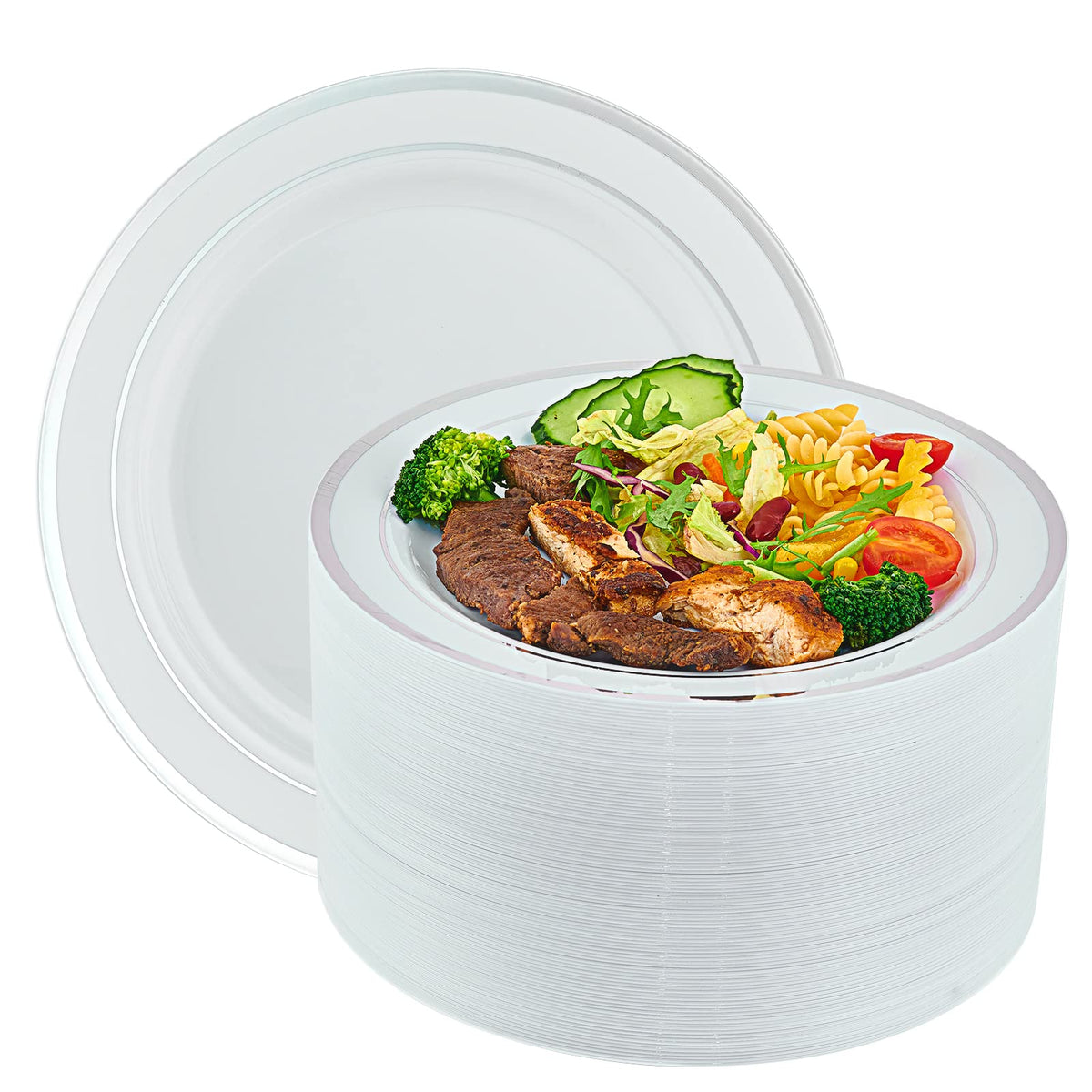 Vplus 100 Pack 10 in Gold Rimmed White Disposable Plastic Plates for Party