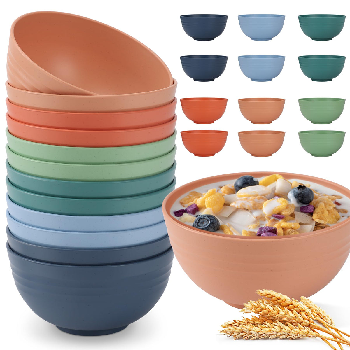 HOTEC 8-Pack 26oz Wheat Straw Cereal Plastic Bowls set, Multicolor