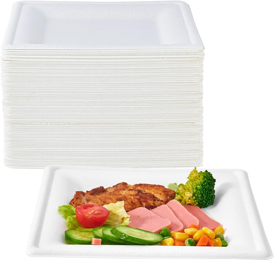 ECOLipak 150 Piecs Compostable Square Paper Plates, 8 inch, White