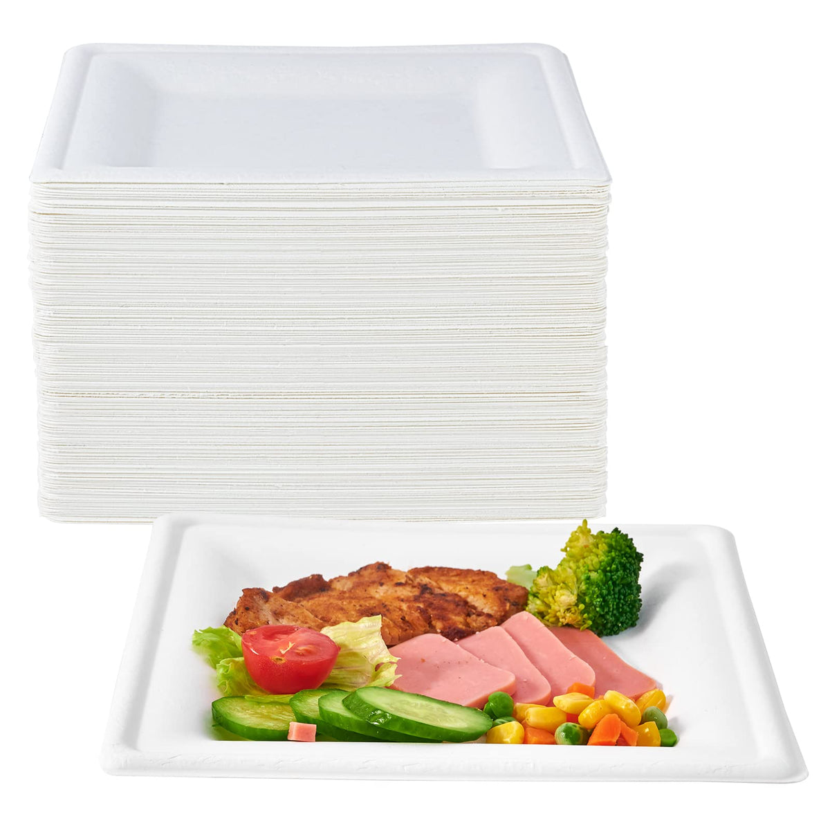 ECOLipak 150 Piecs Compostable Square Paper Plates, 8 inch, White