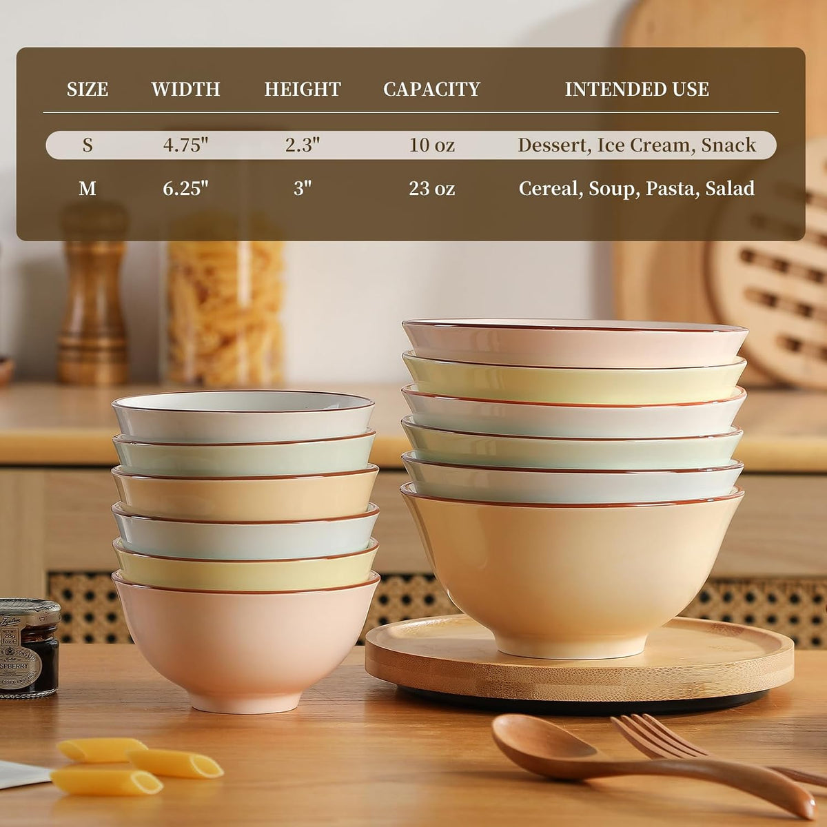 Ceramic Dessert Bowl Set of 6 - Small Porcelain Bowls for Rice, Snack, Ice Cream - Microwave and Dishwasher Safe - Assorted Candy Hue - 4.7 Inch - 10 OZ