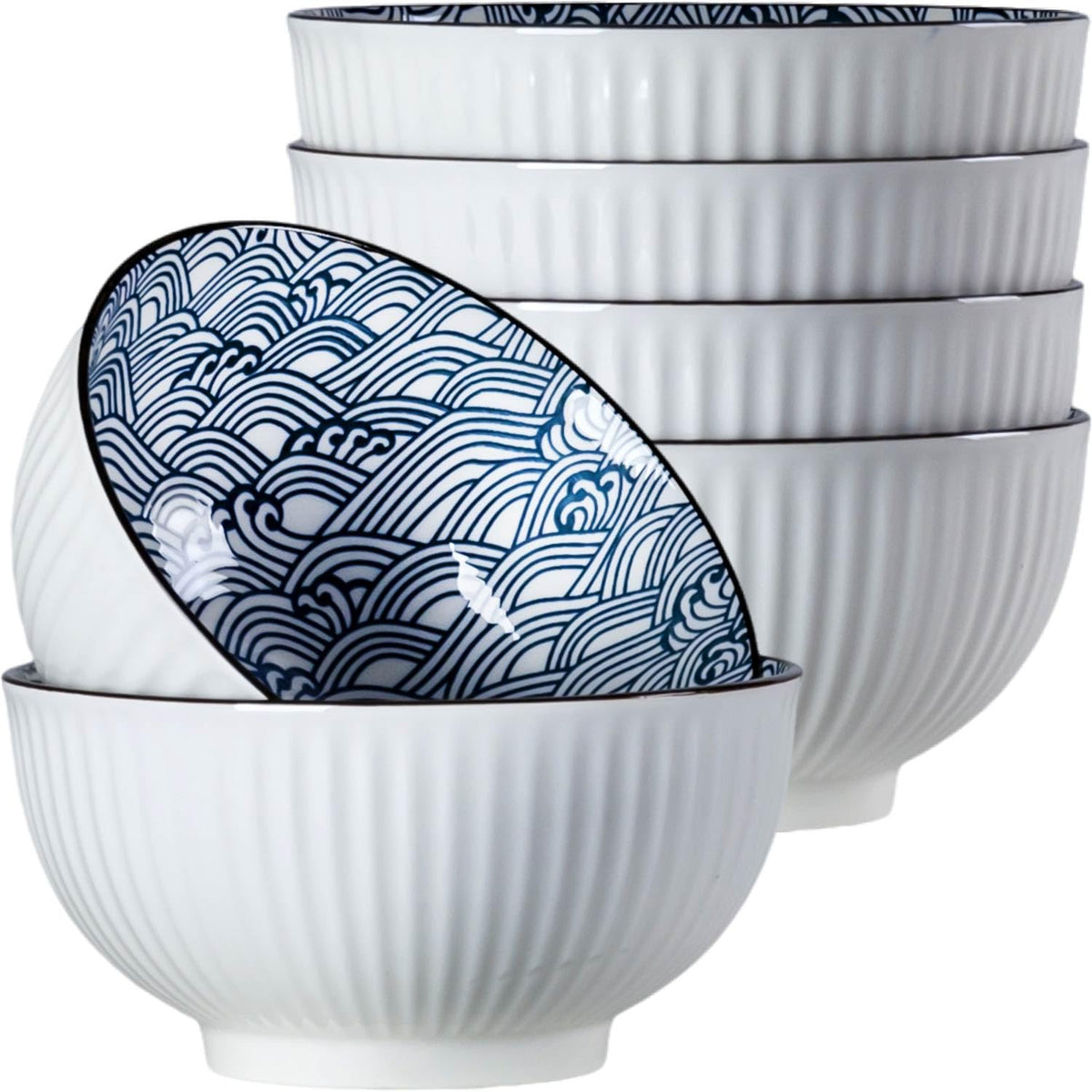 Houlu ceramic rice bowl 30 oz, Japanese bowl set, various tableware for grains, soups, desserts, snacks, fruits, Pack of 6
