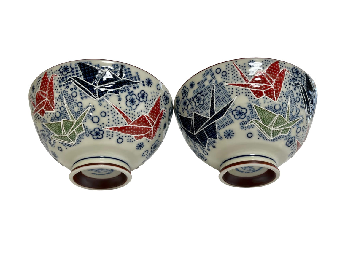 Japanese Mino Ware Ceramic Rice Bowl Set, 4.84 Inches Diameter x H2.56 Inches, 13.3 Fluid Ounces Set of 2 from Japan (Rabbits and Flowers Design)