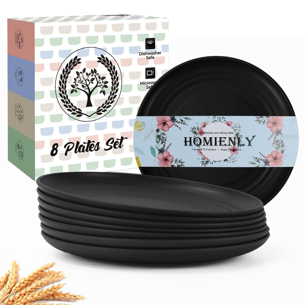 Homienly Deep Dinner Plates Set of 8 Alternative for Plastic Plates Microwave and Dishwasher Safe Wheat Straw Plates for Kitchen Unbreakable Kids Plate Set with 4 Colors (Classic Bright, 9 inch)