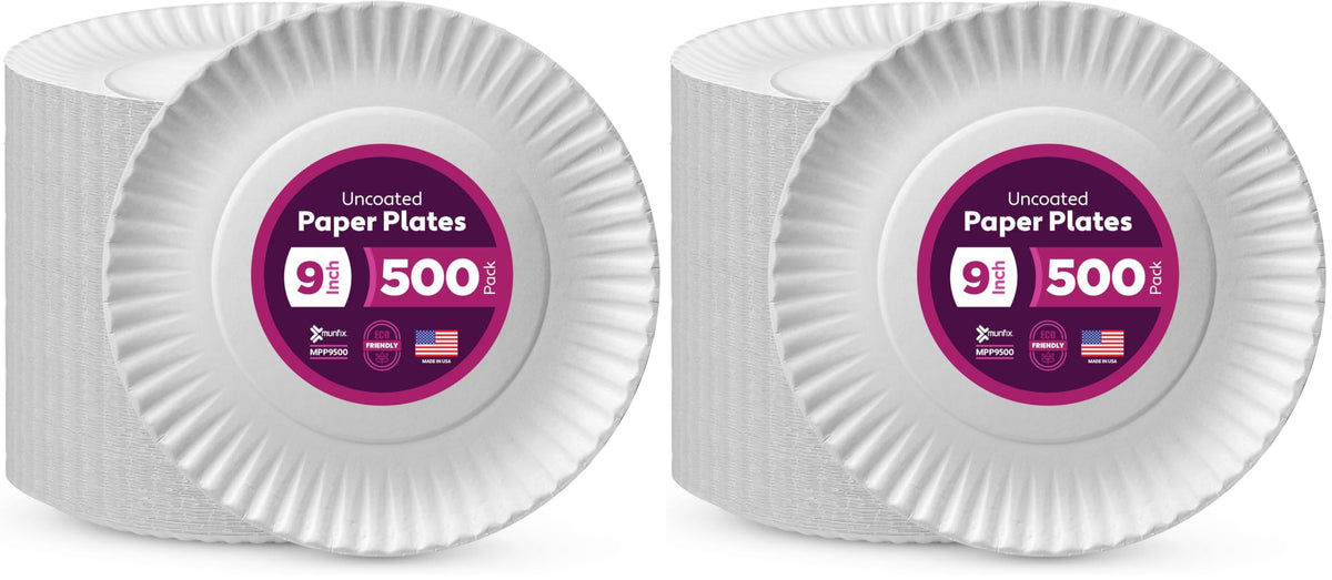 500 Uncoated Paper Plates 9 Inch, Everyday Disposable White Dinner Plates