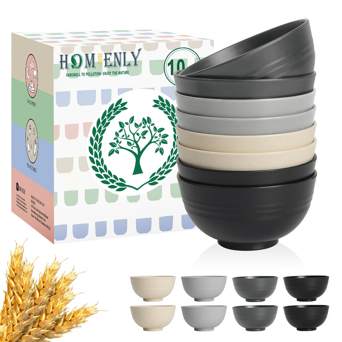 Homienly Wheat Straw Small Bowl Set of 8, Unbreakable Dessert Bowl - 10 OZ, Wheat Straw Mini Bowls for Kitchen, Kids, Microwave and Dishwasher Safe Bowls for Snack, Appetizer, Ice Cream (Black)