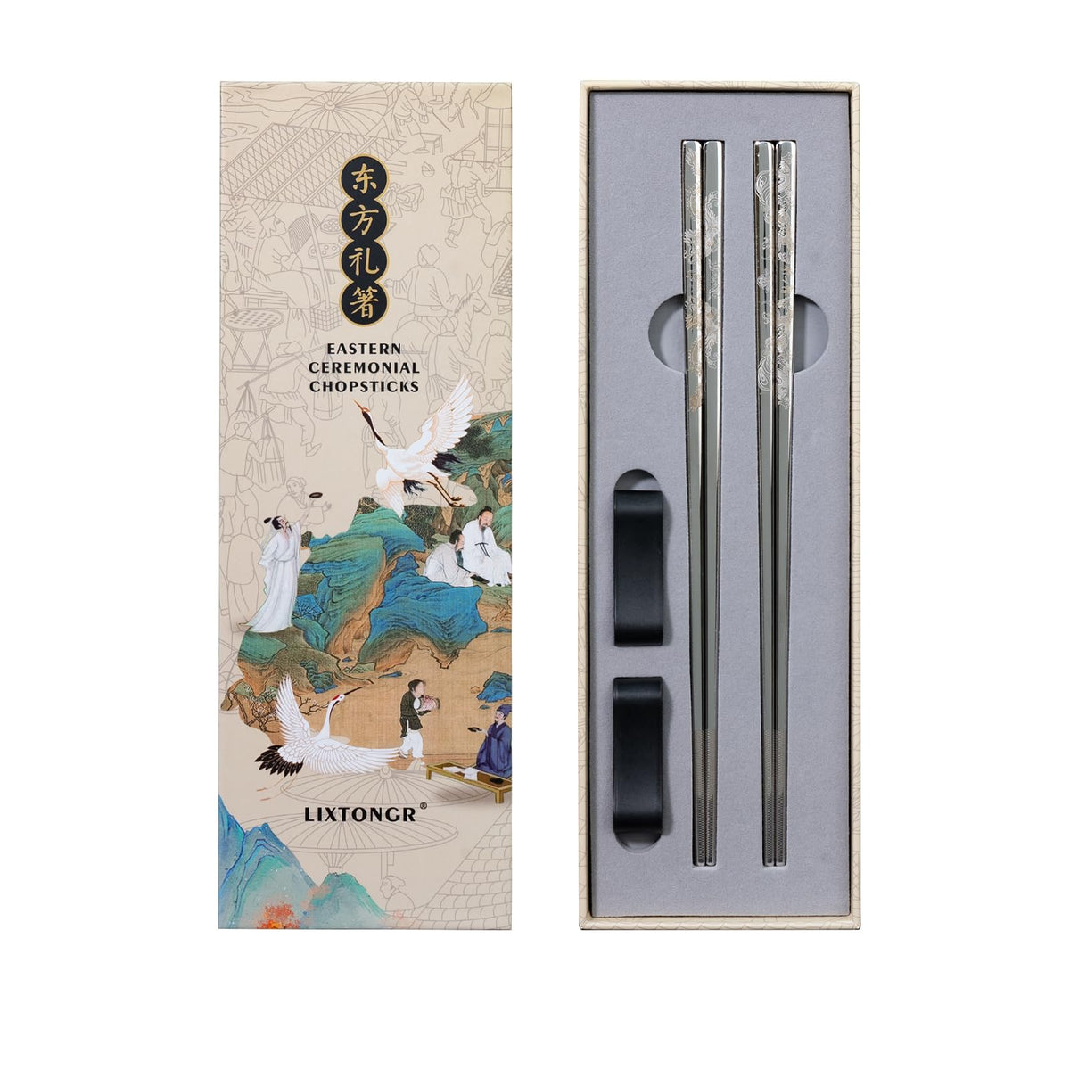 Dragon & Phoenix Black Stainless Steel Chopsticks, 2 Pairs
