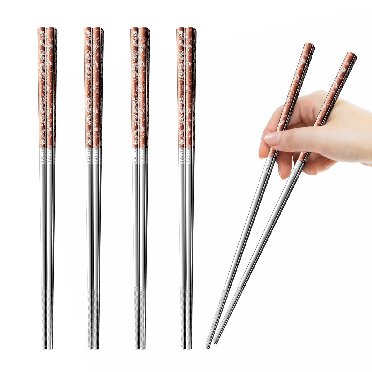 10 Pairs Rose Gold Chopsticks Set Stainless Steel 304 Reusable Non-slip Line Design Metal Chop Sticks for Cooking and Eating Kitchen Utensils Dishwasher Safe Tableware Gift Set