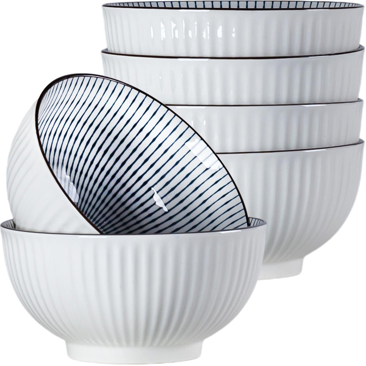 Houlu ceramic rice bowl 30 oz, Japanese bowl set, various tableware for grains, soups, desserts, snacks, fruits, Pack of 6